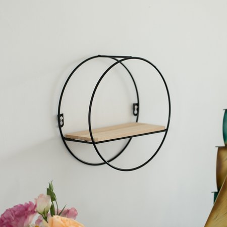 Fabulaxe Round Accent Floating Shelf Wall Mounted Rack w/Metal Frame and Pine Wood Shelf, Black QI004336.BK